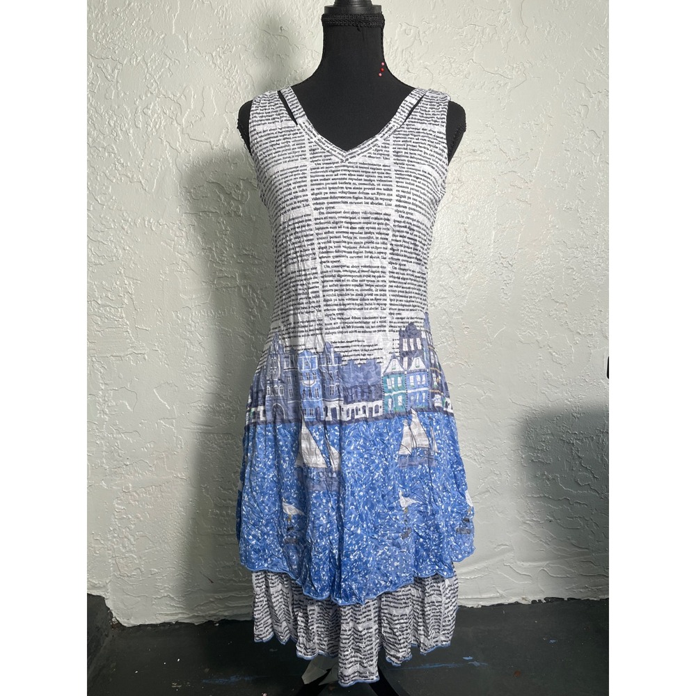 Carine XS Blue White Scenic Print Sleeveless Midi Dress Text Graphic Layered